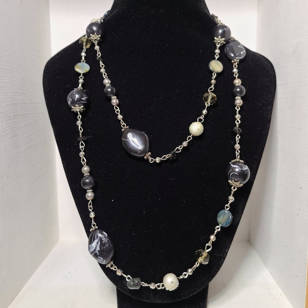 Long Vintage Wrap Statement Necklace Silver Tone Smokey Glass Pearlescent Black